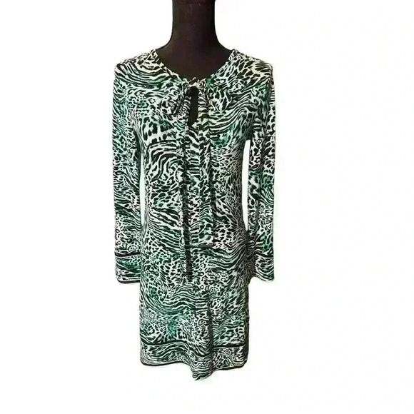 Michael Kors Slinky Animal Print Long Sleeve Mid Dress Size XS Blue & Black - Picture 4 of 5